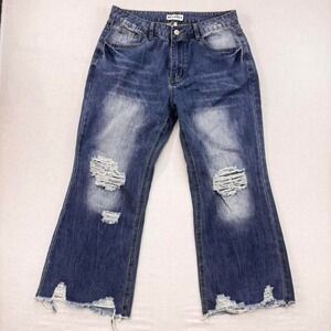 Melary flare distressed medium wash jeans Women L Y2K relaxe fit